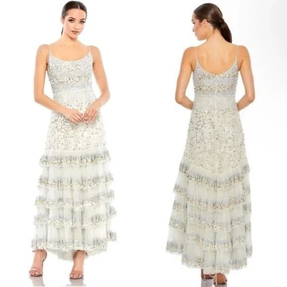 MAC DUGGAL 10883 DRESS Size 14 Champagne Sequin Tiered $598 NEW NWT